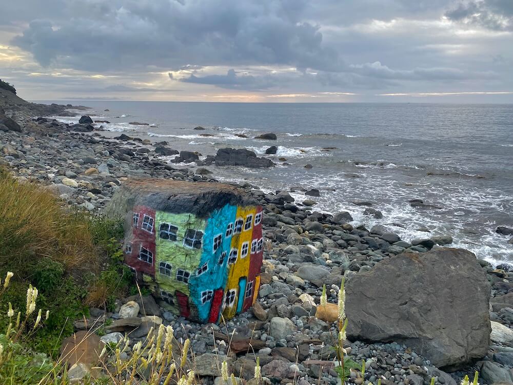 The multicoloured houses (from St. John’s) is kinda of a “signature” around here. I have seen mailboxes painted like them, and now a rock.